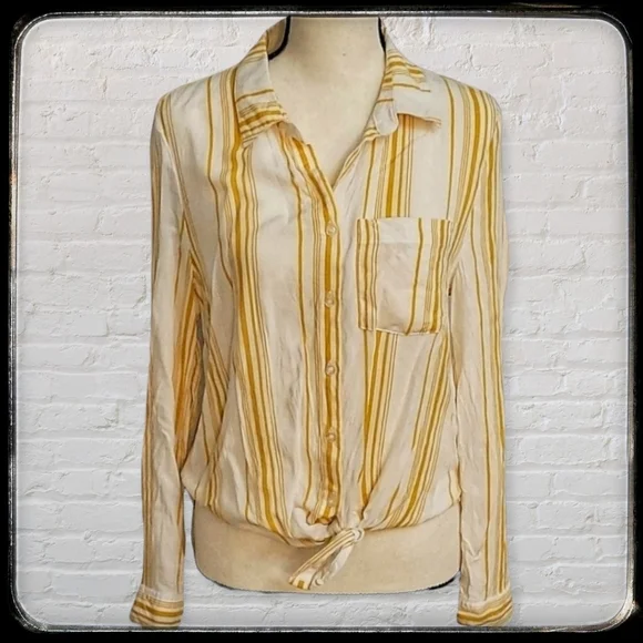TALLULAH KATE! Vertical Stripe Button Down Long Sleeve Waist Tie Shirt - Picture 2 of 9